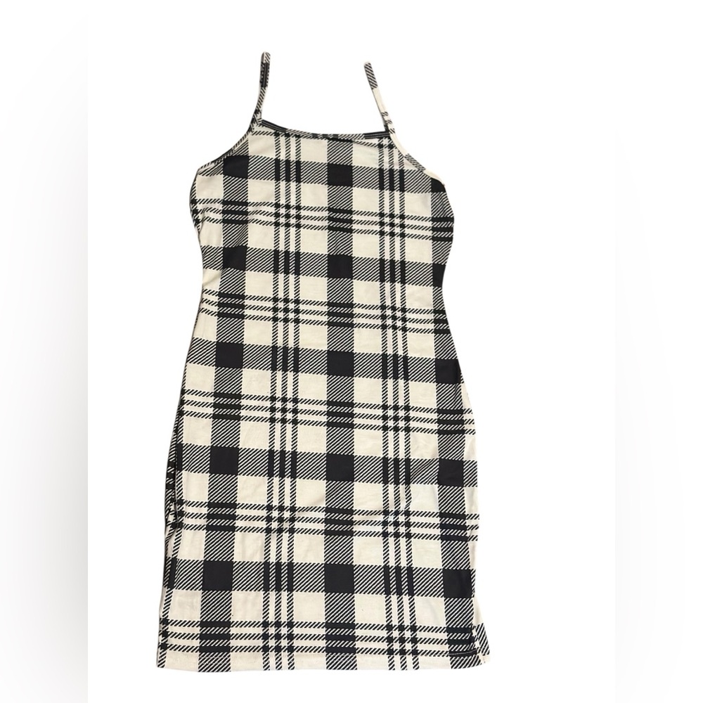 Plaid Halter Neck Dress - Black and White